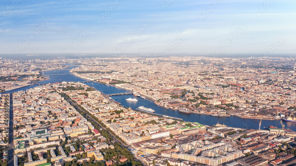 Panoramic aerial view of Neva river in Saint Petersburg, Russia