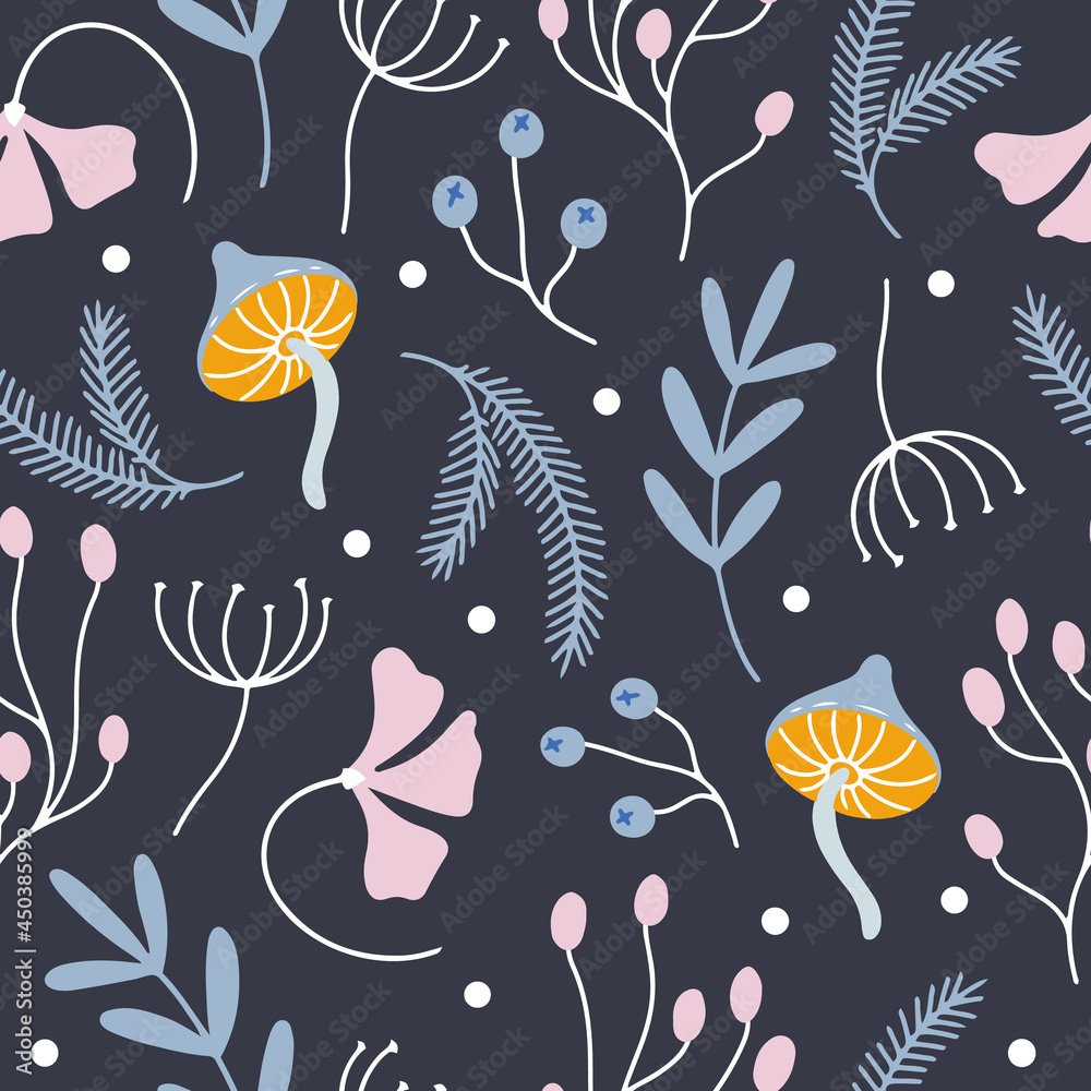 Vector seamless pattern with magical dried herbs, flowers and mushrooms