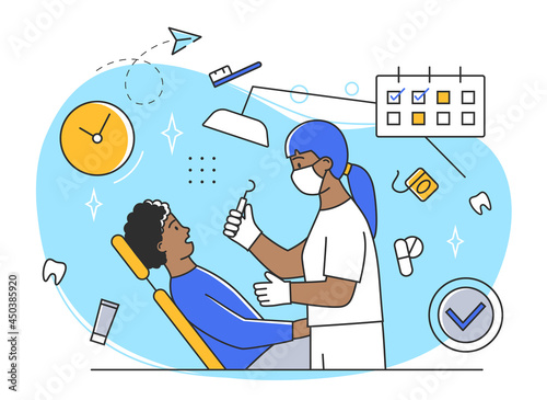 Young male character at the dentist appointment. Cute man is having his teeth cured by doctor. Examination for young people and adults. Flat cartoon vector illustration