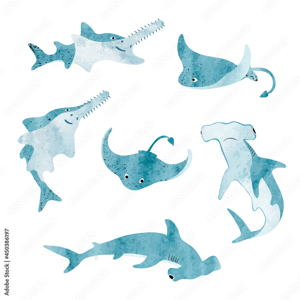 Fototapeta premium Set of cute cartoon sea animals. Vector watercolor illustration of shark, skate, sawfish.