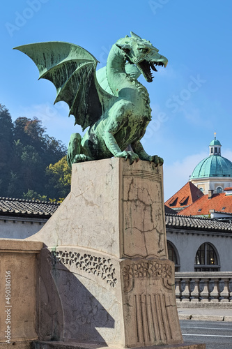 Ljubljana, Slovenia. Sculpture of a Dragon, the symbol of Ljubljana, at Dragon Bridge. The bridge with statues was opened in 1901.