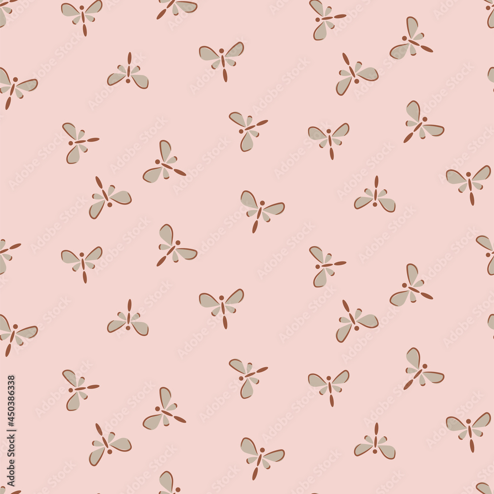 Cute small butterflies and moth bugs on a pink background. Simple tender seamless pattern.