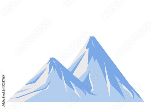 Top mountain peaks vector blue logo silhouette illustration. Outdoor isolated cold snowy landscape icon element. Nature travel  climbing  camping  tourism  hiking hills poster design badge.