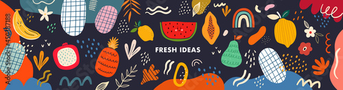 Fresh stylish template with abstract elements  doodles and fruits. 