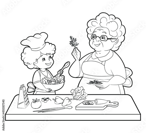 Coloring book: girl and grandmother making salad at the big kitchen table.Vector illustration, cartoon, flat lineart, isolated on white background