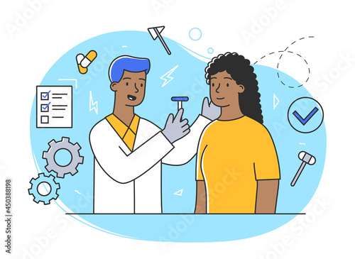 Young female character at the doctors appointment. Cheerful girl is having her ears checked by doctor. Concept of health examination for kids and adults. Flat cartoon vector illustration photo