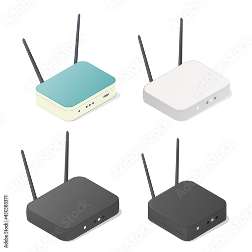 Isometric modem set. Router device. Wireless internet. Colored vector illustration. Isolated on white background.