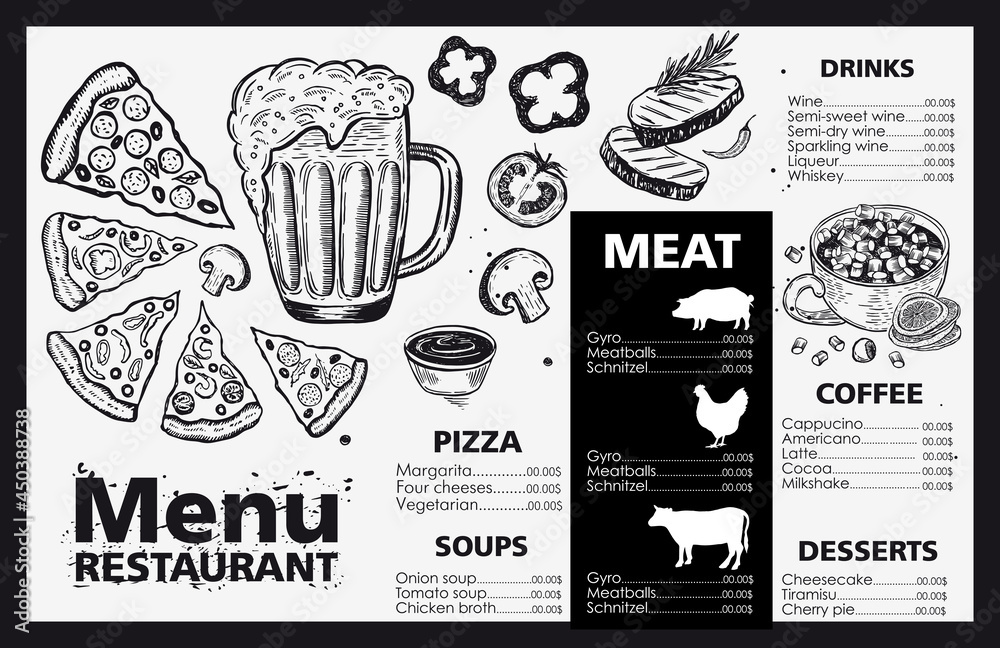  Menu template design for restaurant, sketch illustration. Vector.