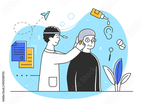 Elderly female character at the doctors appointment. Cheerful woman is having her ears checked by doctor. Concept of health examination for kids and adults. Flat cartoon vector illustration photo