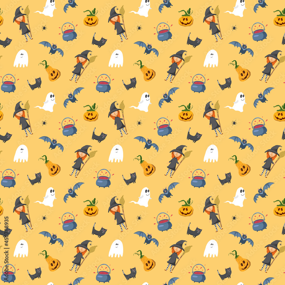 Halloween seamless pattern design. Cute cartoon elements, holiday background, vector illustration Halloween seamless pattern design. Cute cartoon elements, holiday background, vector illustration