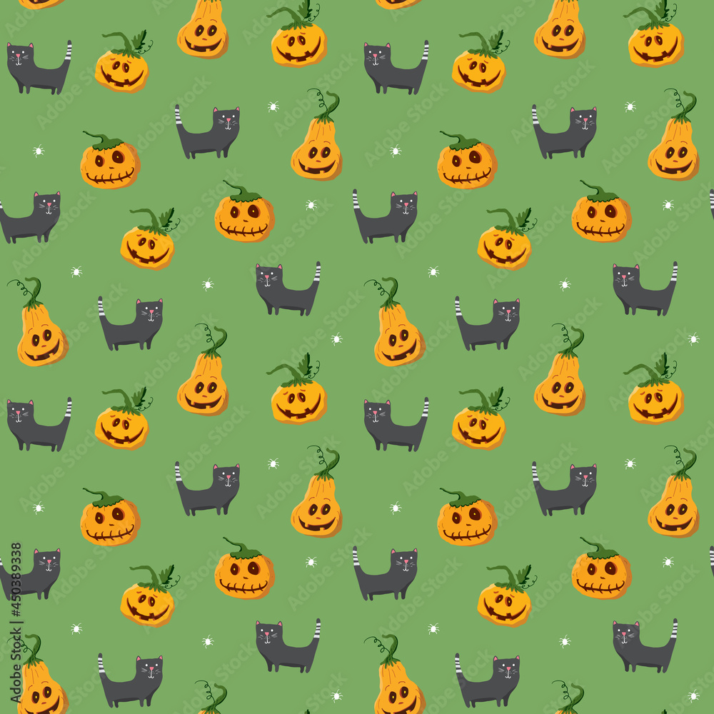 Halloween seamless pattern design. Cute cartoon elements, holiday background, vector illustration Halloween seamless pattern design. Cute cartoon elements, holiday background, vector illustration