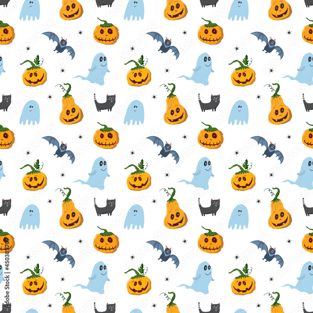 Halloween seamless pattern design. Cute cartoon elements, holiday background, vector illustration Halloween seamless pattern design. Cute cartoon elements, holiday background, vector illustration