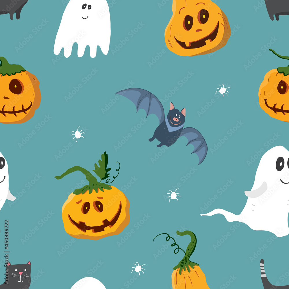 Halloween seamless pattern design. Cute cartoon elements, holiday background, vector illustration Halloween seamless pattern design. Cute cartoon elements, holiday background, vector illustration