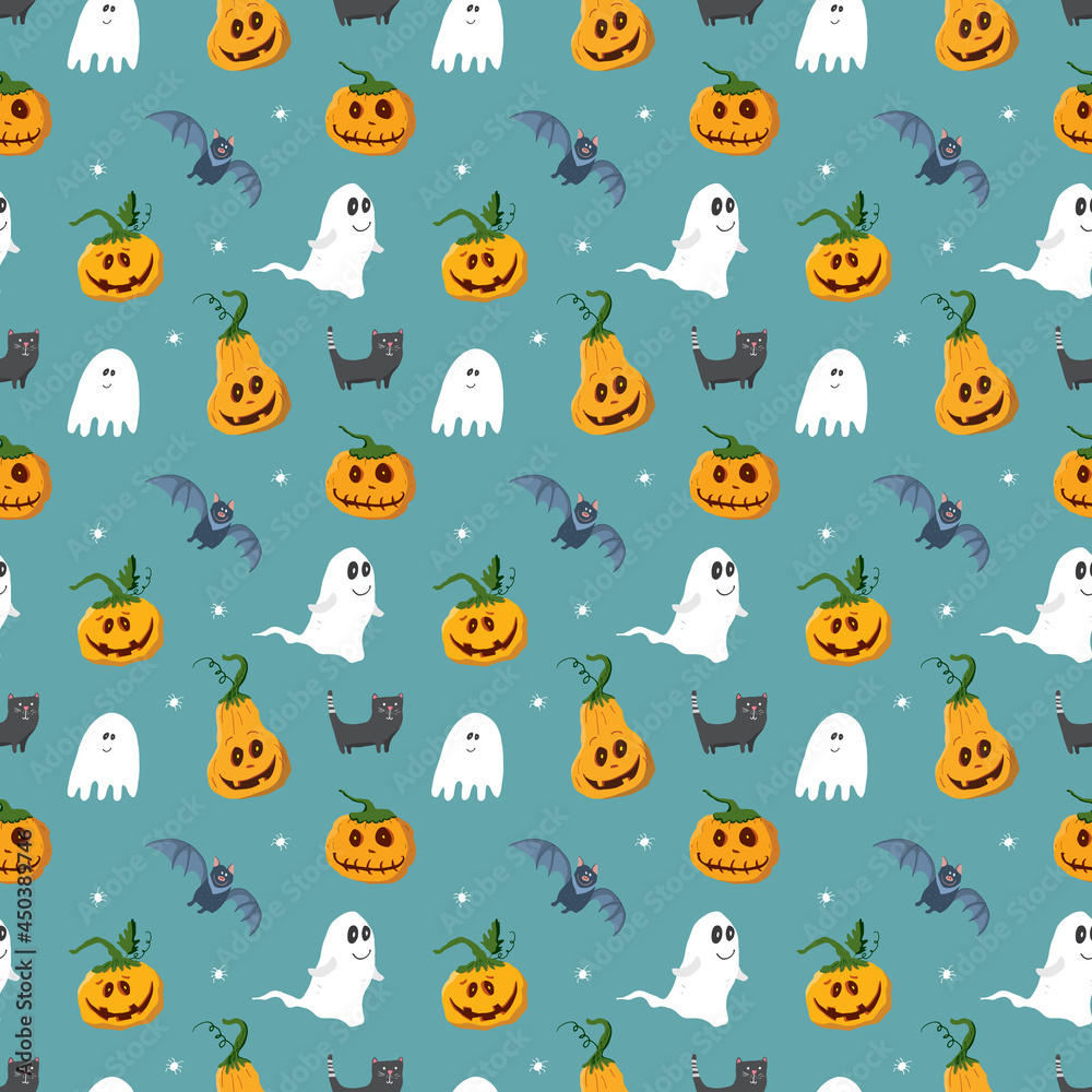 Halloween seamless pattern design. Cute cartoon elements, holiday background, vector illustration