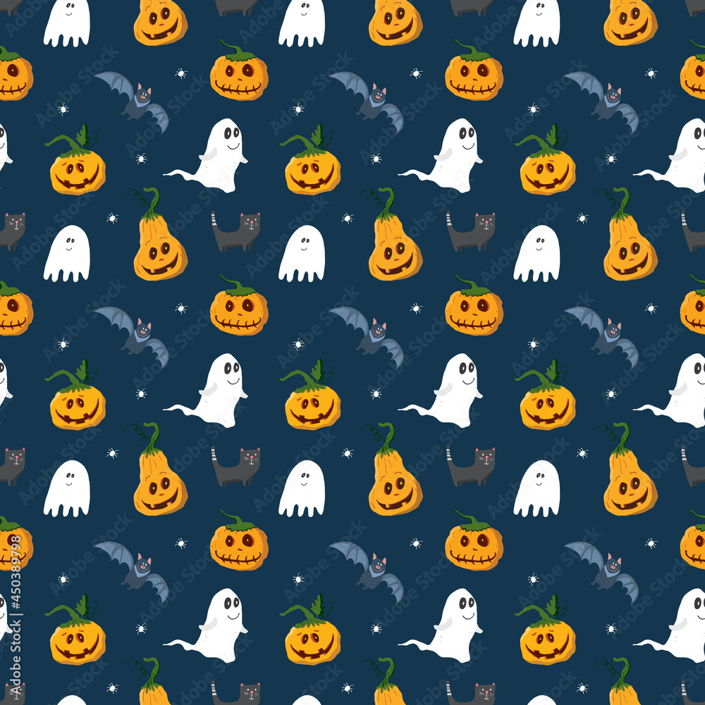 Halloween seamless pattern design. Cute cartoon elements, holiday background, vector illustration