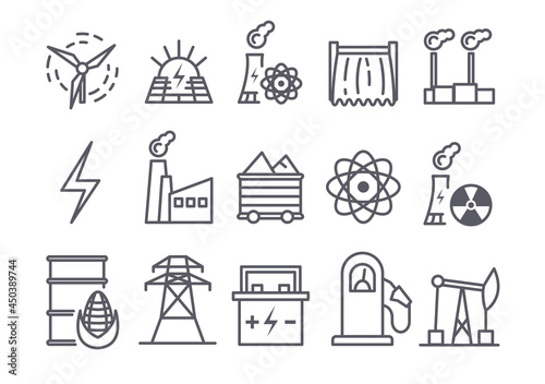 Set of power plant flat line icons on white background. Energy generation station. renewable energy sources included solar, wind, hydro, tidal, geothermal and biomass. Flat cartoon vector illustration