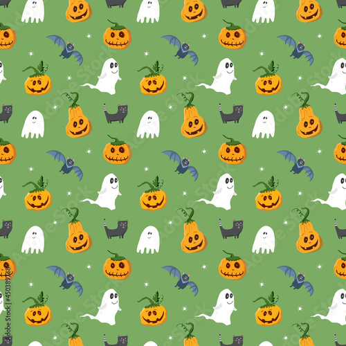 Halloween seamless pattern design. Cute cartoon elements, holiday background, vector illustration