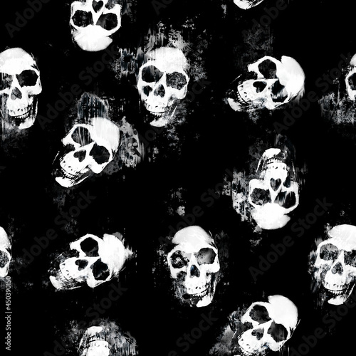 Seamless white human skulls on black background