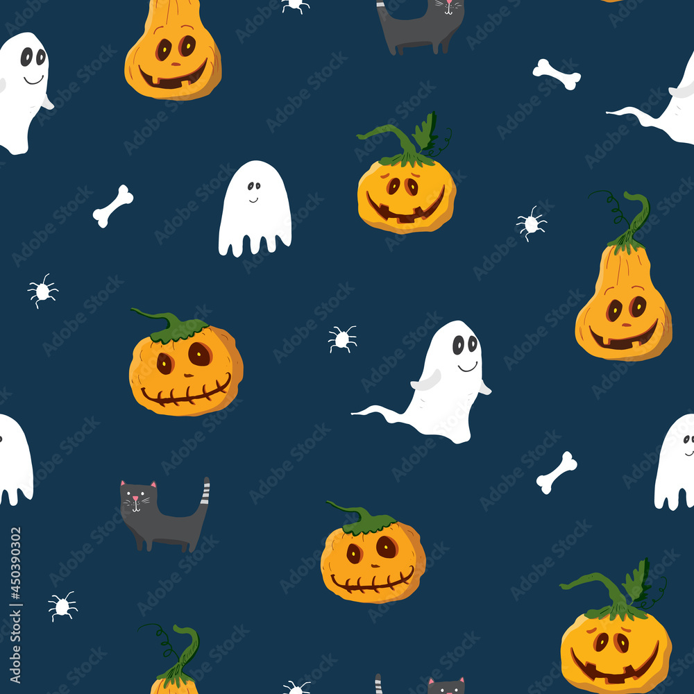 Halloween seamless pattern design. Cute cartoon elements, holiday background, vector illustration