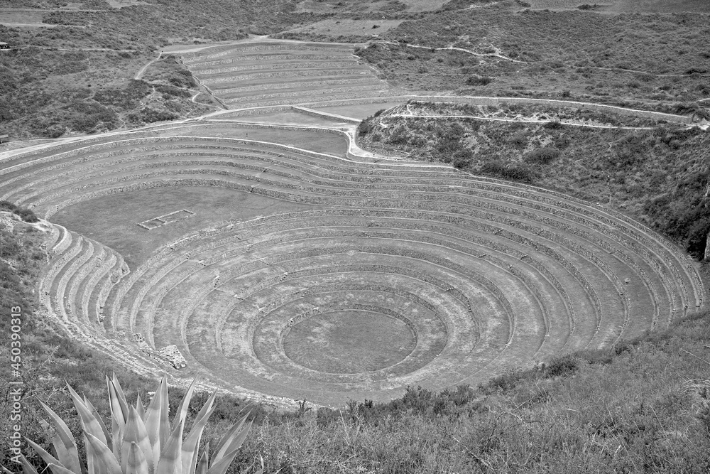 Ancient Agricultural Terraces of Moray, Located in the Sacred Valley of the Incas, Cusco Region, Peru in Monochrome Ancient Agricultural Terraces of Moray, Located in the Sacred Valley of the Incas, Cusco Region, Peru in Monochrome