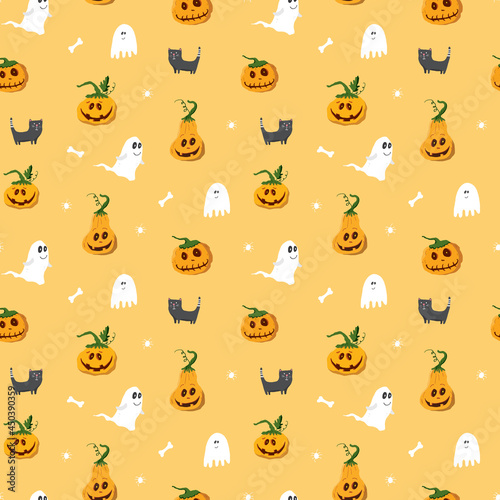 Fototapeta Naklejka Na Ścianę i Meble -  Halloween seamless pattern design. Cute cartoon elements, holiday background, vector illustration