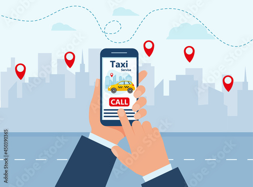 Taxi mobile app template. Smartphone with city yellow car. Online mobile application order taxi service. Vector illustration for taxi service