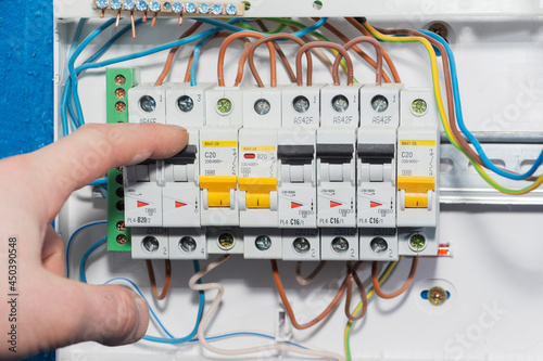 Automatic overload protection devices in the power supply network. Circuit breakers or fuses are an electrical safety device.