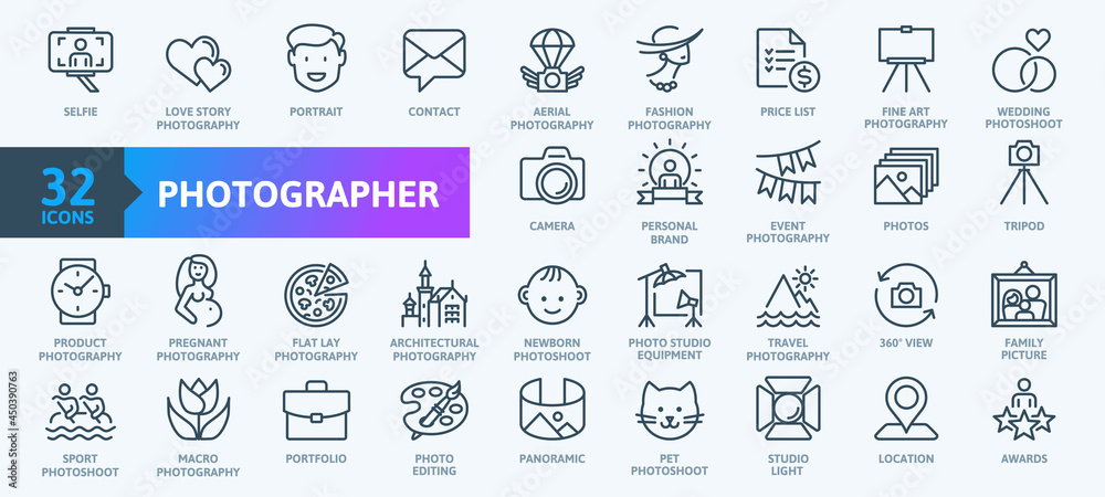 Photographer, photography - thin line web icon set. Outline icons collection. Simple vector illustration. - obrazy, fototapety, plakaty 