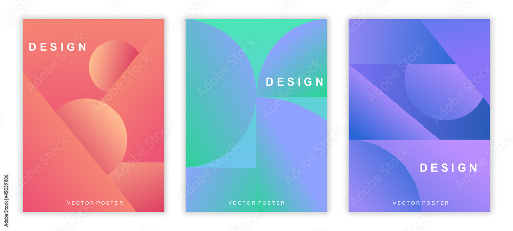 Set of colorful minimalistic posters with grapient shape patterns. Green, red and purple templates with lettering for creative use. Flat cartoon vector illustration