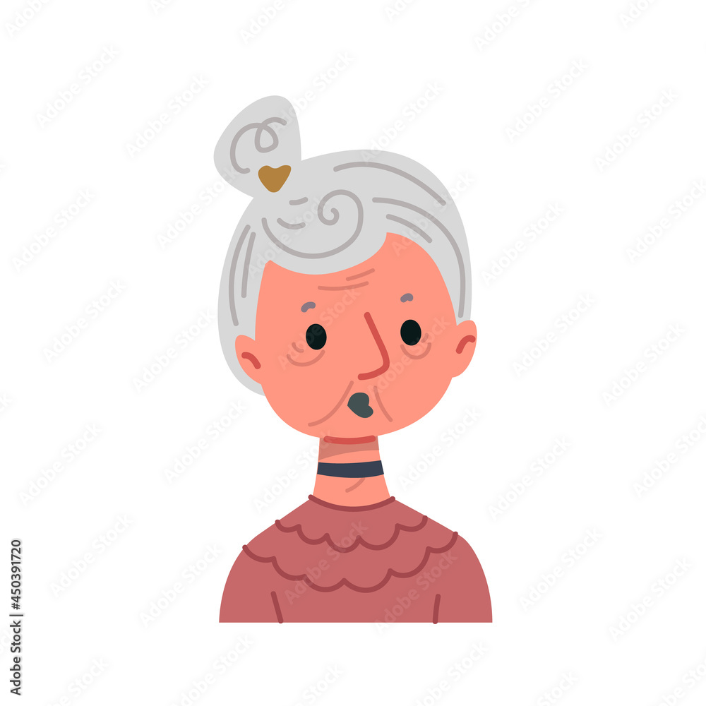 Cartoon gray-haired elderly woman avatar. Funny old character avatar on a white background. Vector female stylized with black lips and in a red sweater