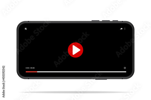 Video player template for mobile, black screen with red round button and timeline. Tube window online. Smartphone video player mock up. Vector illustration in 3d style.