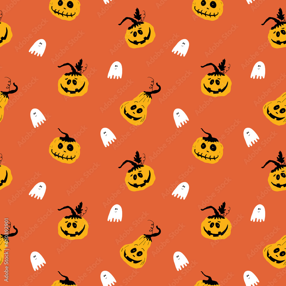 Halloween seamless pattern design. Cute cartoon pumpkin and ghost, holiday background, vector illustration