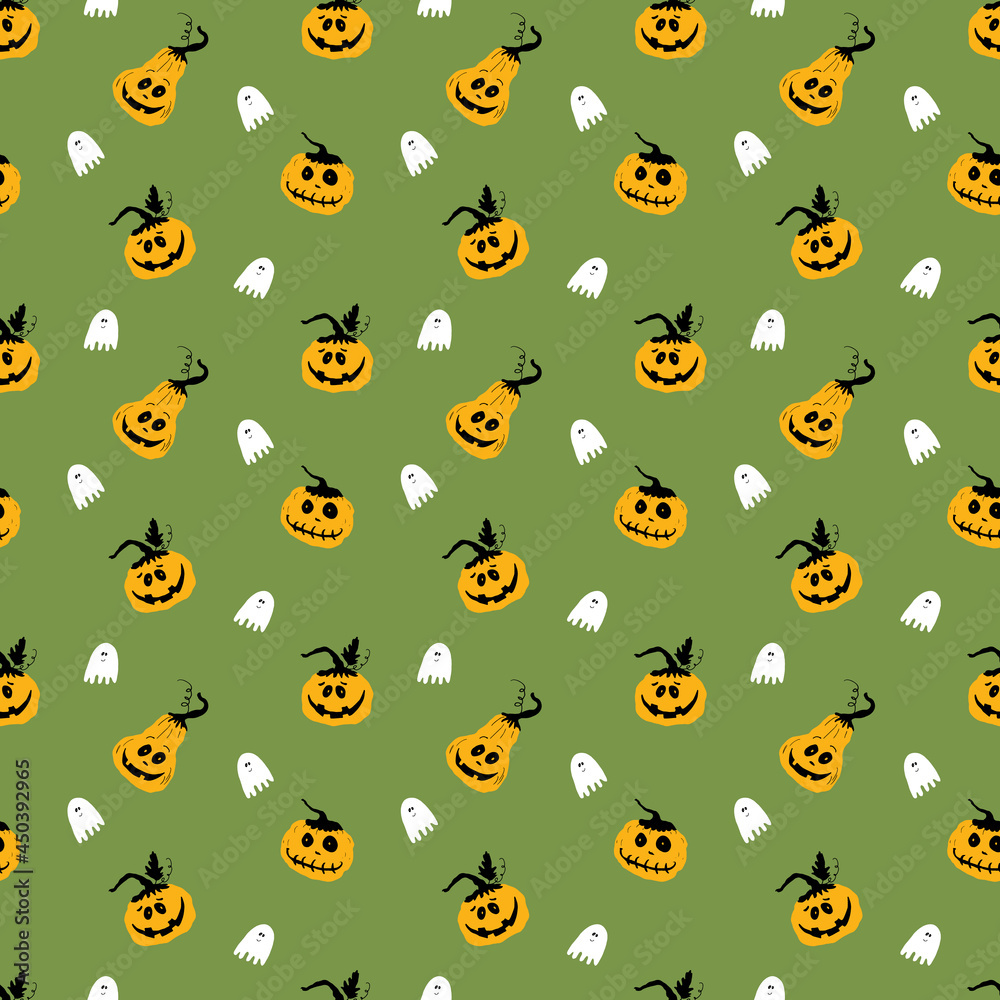 Halloween seamless pattern design. Cute cartoon pumpkin and ghost, holiday background, vector illustration Halloween seamless pattern design. Cute cartoon pumpkin and ghost, holiday background, vector illustration