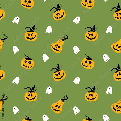 Halloween seamless pattern design. Cute cartoon pumpkin and ghost, holiday background, vector illustration