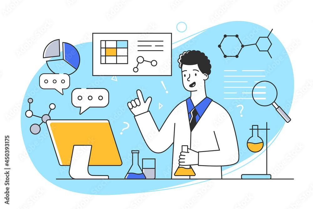 Young cheerful male character is working as a scientist in a laboratory. Concept of men and women enoing their profession. People at their workplace. Flat cartoon vector illustration Young cheerful male character is working as a scientist in a laboratory. Concept of men and women enoing their profession. People at their workplace. Flat cartoon vector illustration