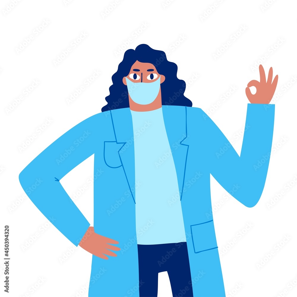 Female doctor wearing face mask, medical uniform . Healthcare worker fighting diseases concept. Confident medic character drawn in flat style. Modern vector banner design
