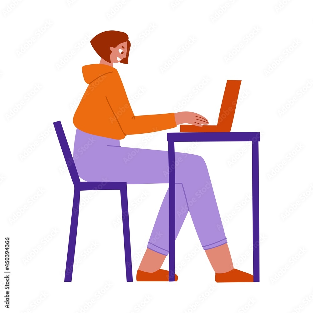 A woman sits at a table and works on a laptop drawn in a flat style. The concept of coworking in a cafe. Modern vector banner design
