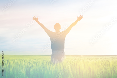 Man silhouette and field, sky soft landscape. Light delicate pastel color tone. Nature horizontal background.