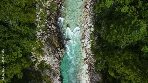 Soca Alpine Mountains River in Slovenia. Aerial View Drone Top Down in Real Time