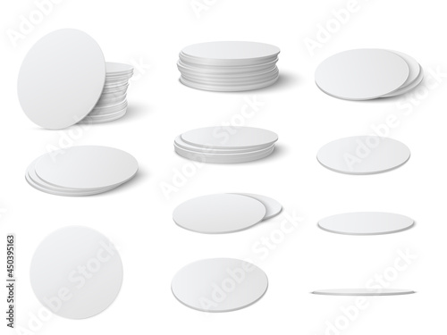 Realistic Round and square table coasters mockup set.