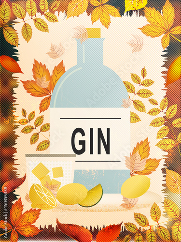 Glass, gin bottle and lemon. Vintage vector color illustration for label, poster, web. Isolated on grunge background with autumn leaves.