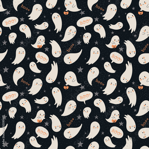 Halloween seamless pattern. Childish seamless pattern with cute ghosts and stars on a dark background.