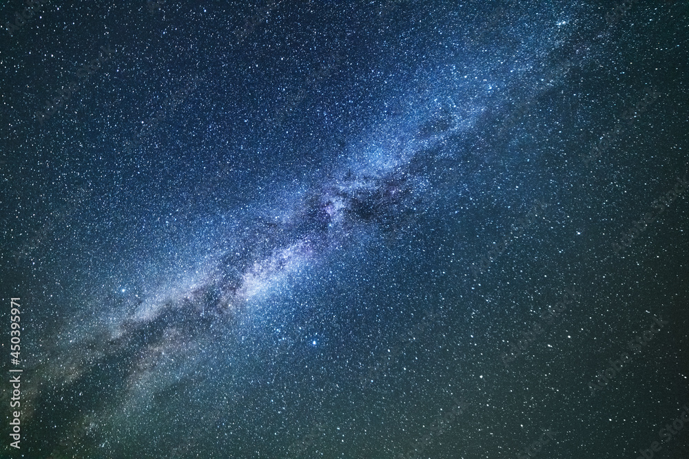 Beautiful bright milky way galaxy on the dark sttary sky. Space, astronomical background. 