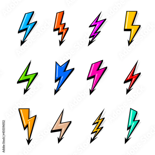 Colored Lightning Bolt Icons Isolated on White. Simple Icon Storm or Thunder and Lightning strike. Flash Symbol, Thunderbolt. Simple Cartoon Lightning Strike Sign