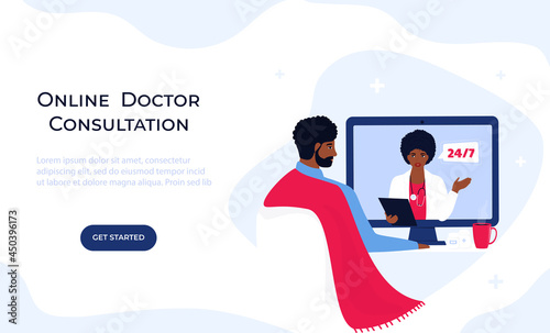 Telemedicine. Online doctor consultation. The patient is at a remote appointment with a therapist. African american man has a conversation with a medical worker by video call. Web page template