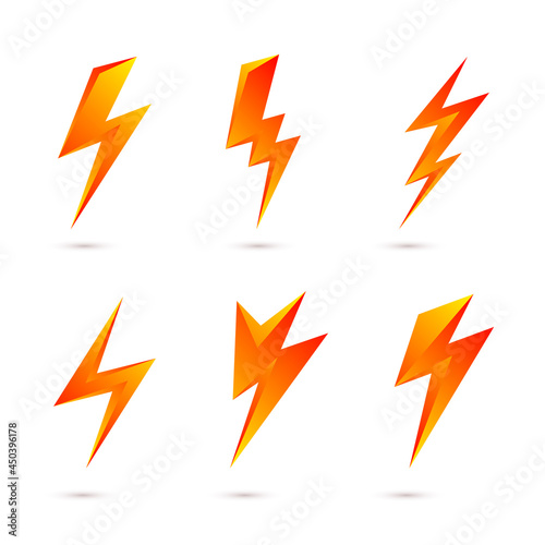 Yellow Lightning Bolt Icons Isolated on White Background. Simple Icon Storm or Thunder and Lightning Strike. Simple Cartoon Lightning Strike Sign with Shadow Effect