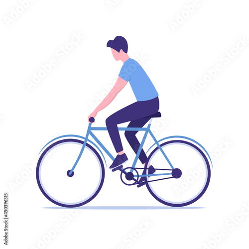 A man rides a bicycle. Flat colored vector illustration. Isolated on white background. 