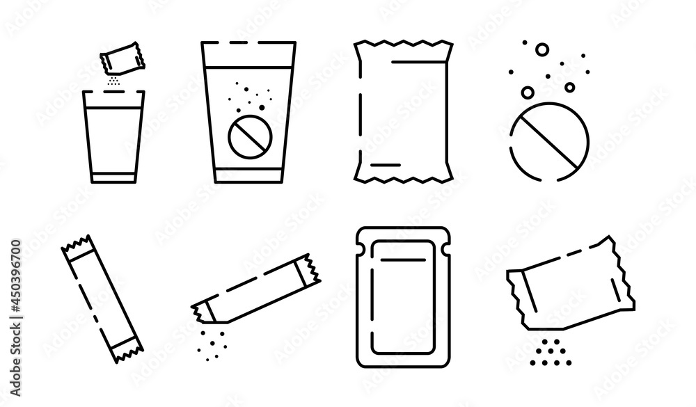 Set of sachet line icons on white background. Icons of sugar powder packet, soluble pill, effervescent effect outline pictogram for medicine. Flat cartoon vector illustration - obrazy, fototapety, plakaty 