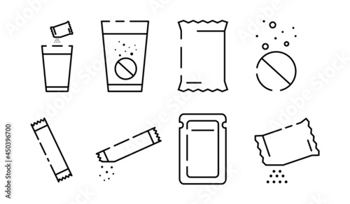 Set of sachet line icons on white background. Icons of sugar powder packet, soluble pill, effervescent effect outline pictogram for medicine. Flat cartoon vector illustration photo