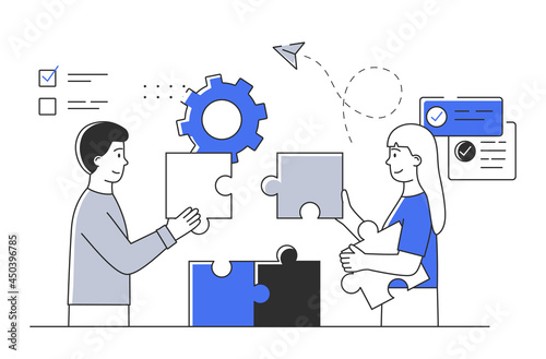 Young male and female characters putting puzzle pieces together. Concept of scenes with men and women taking part in everyday business activities. Flat cartoon vector illustration